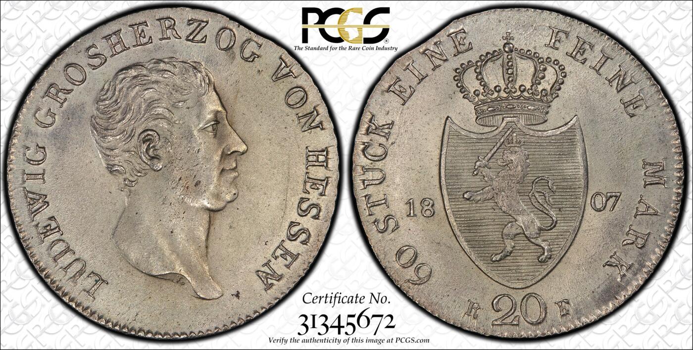 博洋堂世界钱币拍卖第134期（全场包邮） PCGS MS64 德国黑森达姆1807年路德维希大公流通20克洛泽银币，罕见的品种，PCGS 评级榜冠军分，唯一一枚。