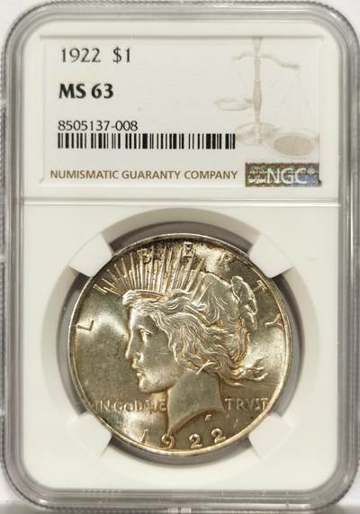 博洋堂世界钱币拍卖第134期（全场包邮） - NGC MS63 美国1922年和平鸽1美圆 币面干净 转光明显