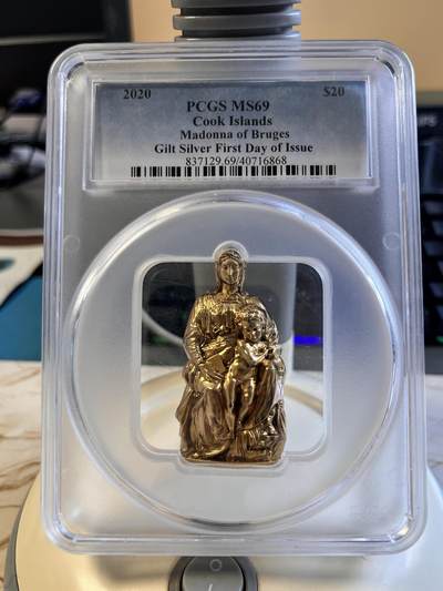 第170期拍卖【长期征集拍品】 - 库克2020年圣母麦当娜和圣子3盎司纪念银币PCGS-MS69无盒无证书，999银镀金，发行501枚，原价2200