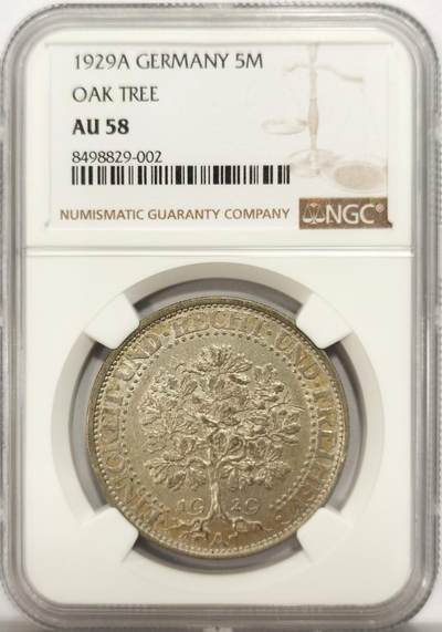 博洋堂世界钱币拍卖第134期（全场包邮） - NGC AU58 德国魏玛1929年橡树5马克大银币，魏玛经典品种，淡黄油转光好品。