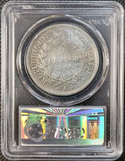 甄臻铺-世界币章拍卖（第28期），送拍享返佣金等优惠多多 公博-XF45法国大力神5法郎银币，1849年年份少见