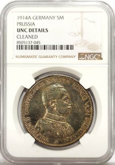 博洋堂世界钱币拍卖第134期（全场包邮） - NGC UNC 德国普鲁士1914年威廉二世军装5马克银币