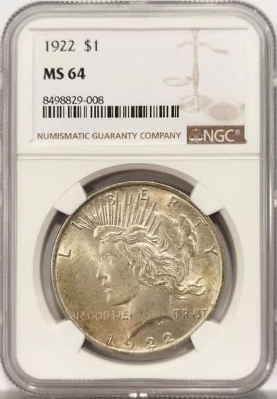 博洋堂世界钱币拍卖第134期（全场包邮） - NGC MS64 美国1922年和平银币，双面淡黄油包浆，原光好品。