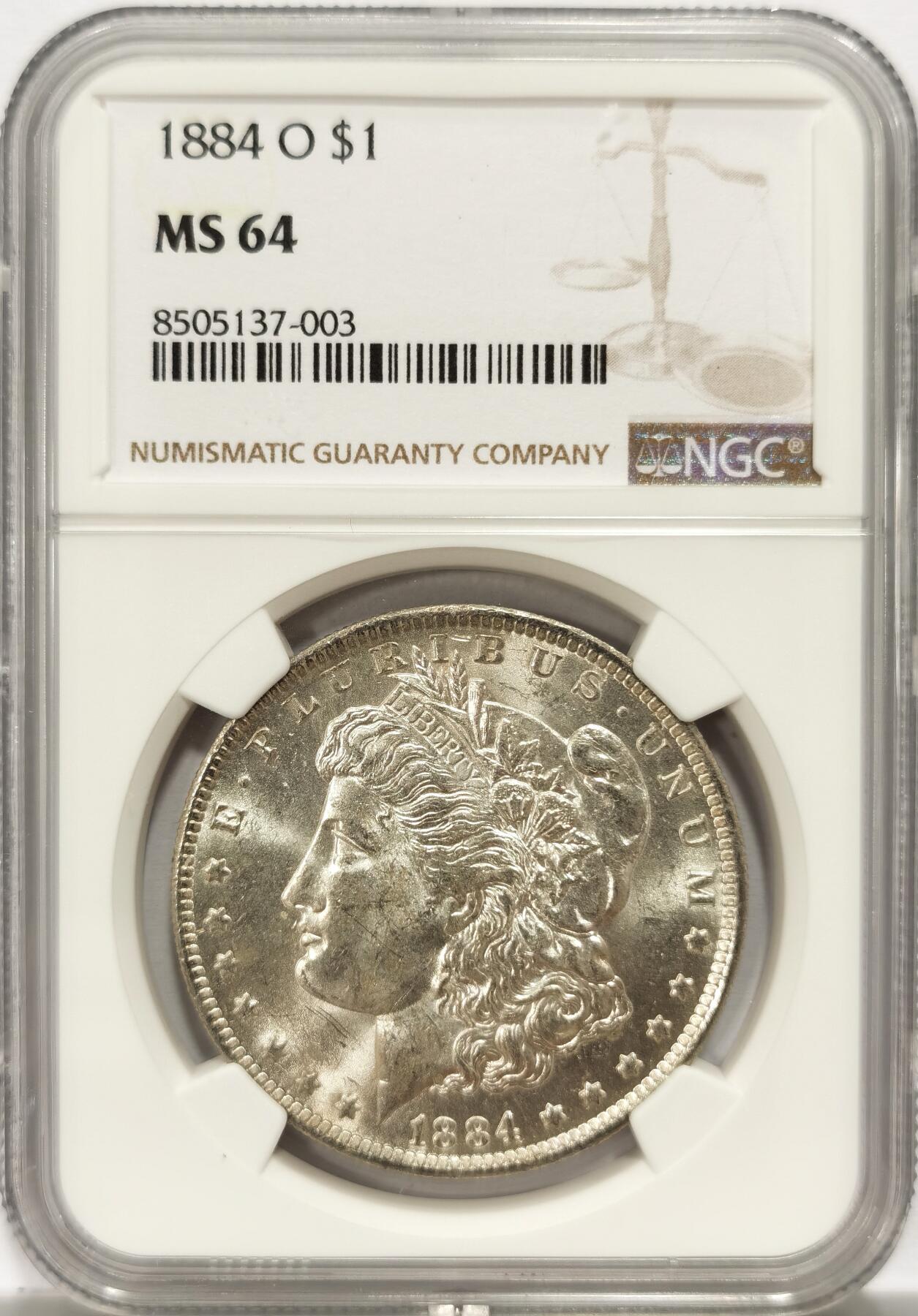 博洋堂世界钱币拍卖第134期（全场包邮） NGC MS64 美国1884年O版摩根1美圆 淡彩包浆