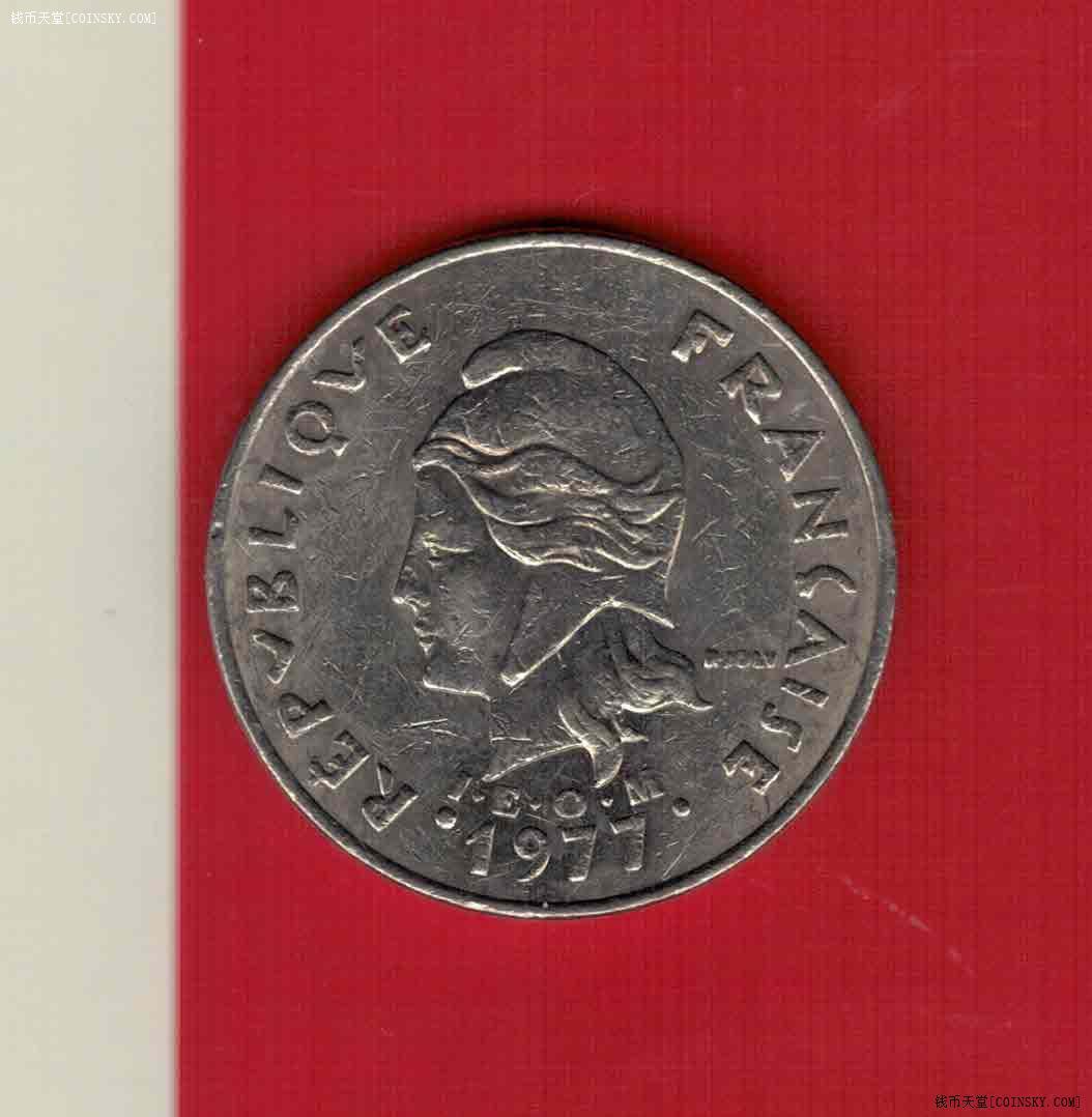 新喀里多尼亚1977年20法郎 年份少 实物图 近九品