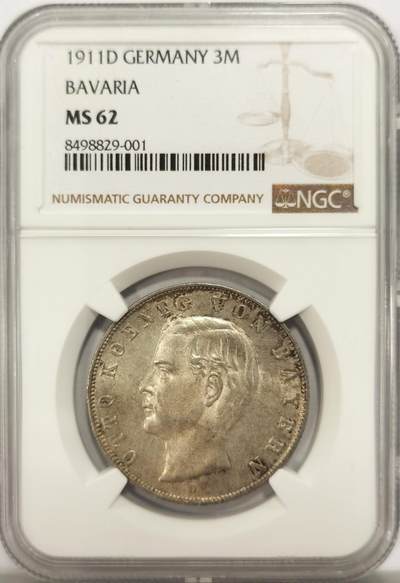 博洋堂世界钱币拍卖第134期（全场包邮） - NGC MS62 德国1911年巴伐利亚奥托3马克银币，车轮光美品。流通充分品种，好品少见。