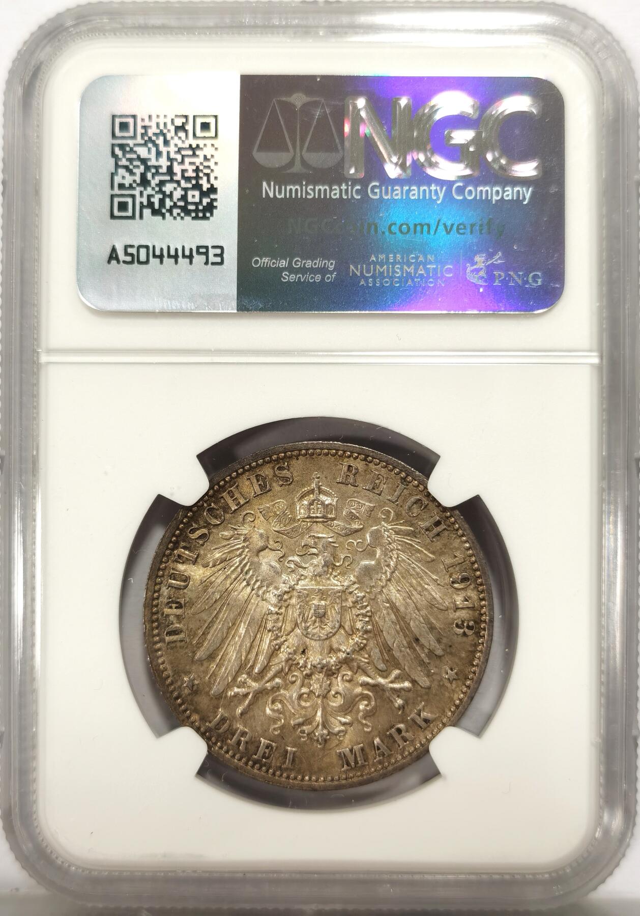 博洋堂世界钱币拍卖第134期（全场包邮） NGC MS63 德国萨克森1913年莱比锡战役纪念3马克银币  黄油淡彩