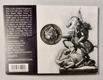 甄臻铺-世界币章拍卖（第28期），送拍享返佣金等优惠多多 2013年 英国20磅小马剑纯银币 原厂卡装 英国首枚20磅银币