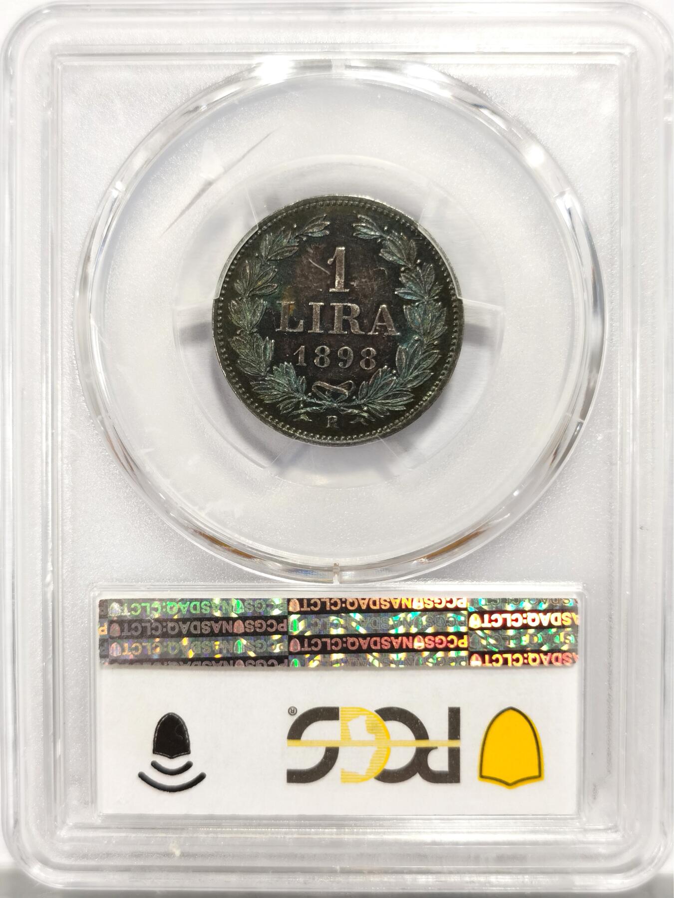 博洋堂世界钱币拍卖第134期（全场包邮） PCGS MS63 1898年圣马力诺1里拉银币 正反极其绚丽的钴蓝色五彩包浆，鬼斧神工般的状态，堪称极品。很有圣马力诺特色的城堡纹章。1里拉极少出现在市场中，63分白币在麦稀奇普遍过千，此枚极致五彩值得藏家重点关注