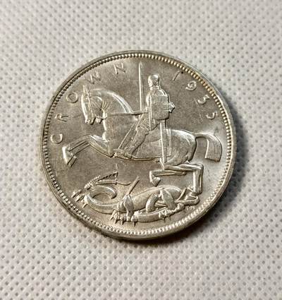 甄臻铺-世界币章拍卖（第28期），送拍享返佣金等优惠多多 英国1935年乔治五世1克朗木马剑斩龙银币，原光状态