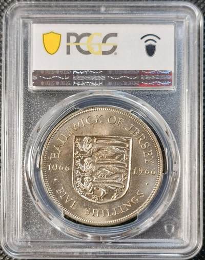 甄臻铺-世界币章拍卖（第28期），送拍享返佣金等优惠多多 PCGS-MS64 1966年英属泽西岛5先令
