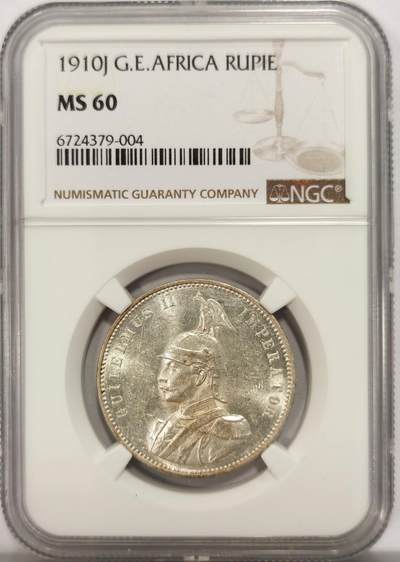 博洋堂世界钱币拍卖第134期（全场包邮） - NGC MS60 1910年德属东非银币，面值1卢比，双面车轮光，有点低评