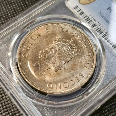 甄臻铺-世界币章拍卖（第28期），送拍享返佣金等优惠多多 PCGS-MS64 1966年英属泽西岛5先令