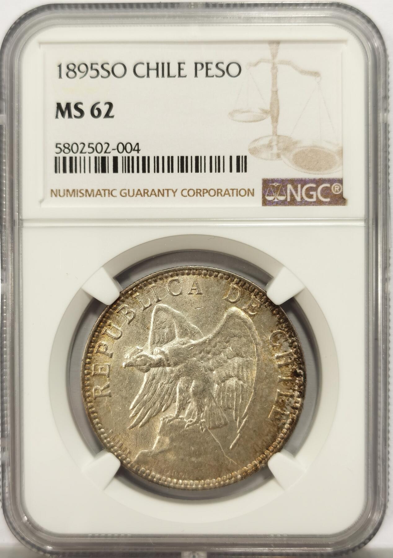 博洋堂世界钱币拍卖第134期（全场包邮） NGC MS62 智利1895年1比索银币