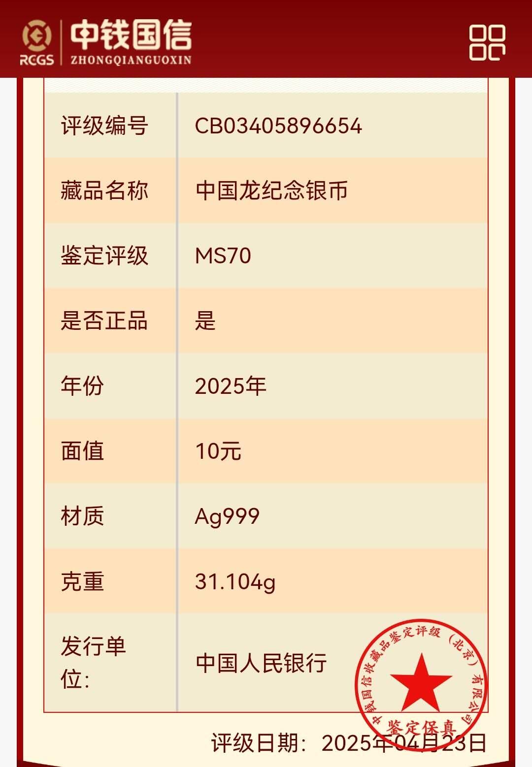 《艾美收藏》第207期-8.10周日外币百拍 中国人民银行20025年中国龙银币中钱国信评级70分满分