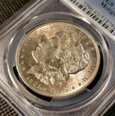 甄臻铺-世界币章拍卖（第28期），送拍享返佣金等优惠多多 PCGS-MS63 1921年美国摩根，淡金色包浆