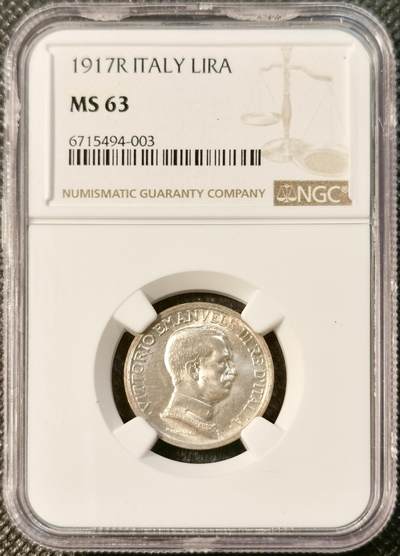 甄臻铺-世界币章拍卖（第28期），送拍享返佣金等优惠多多 - NGC-MS63 1917年意大利马车1里拉，细节极好，淡紫色包浆，低评
