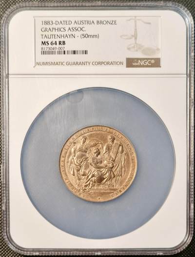 甄臻铺-世界币章拍卖（第28期），送拍享返佣金等优惠多多 - NGC-MS64RB 1883年奥地利图形协会纪念铜章，正面雕刻有“IN LIGNO LAPIDE PINGENDI INSCRIPTIO”字样，背面是奥地利双头鹰徽章，铭文“MEMINISSE IUVET”。