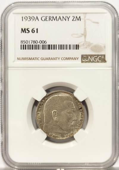 博洋堂世界钱币拍卖第134期（全场包邮） - NGC MS61 德国1939年A版兴登堡2马克银币