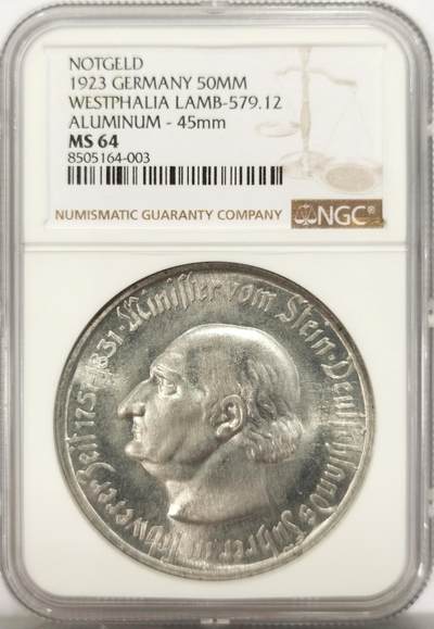 博洋堂世界钱币拍卖第134期（全场包邮） - NGC MS64 1923年德国紧急状态时期威斯特伐利亚地区铝制版大马币，直径45mm，5千万马克