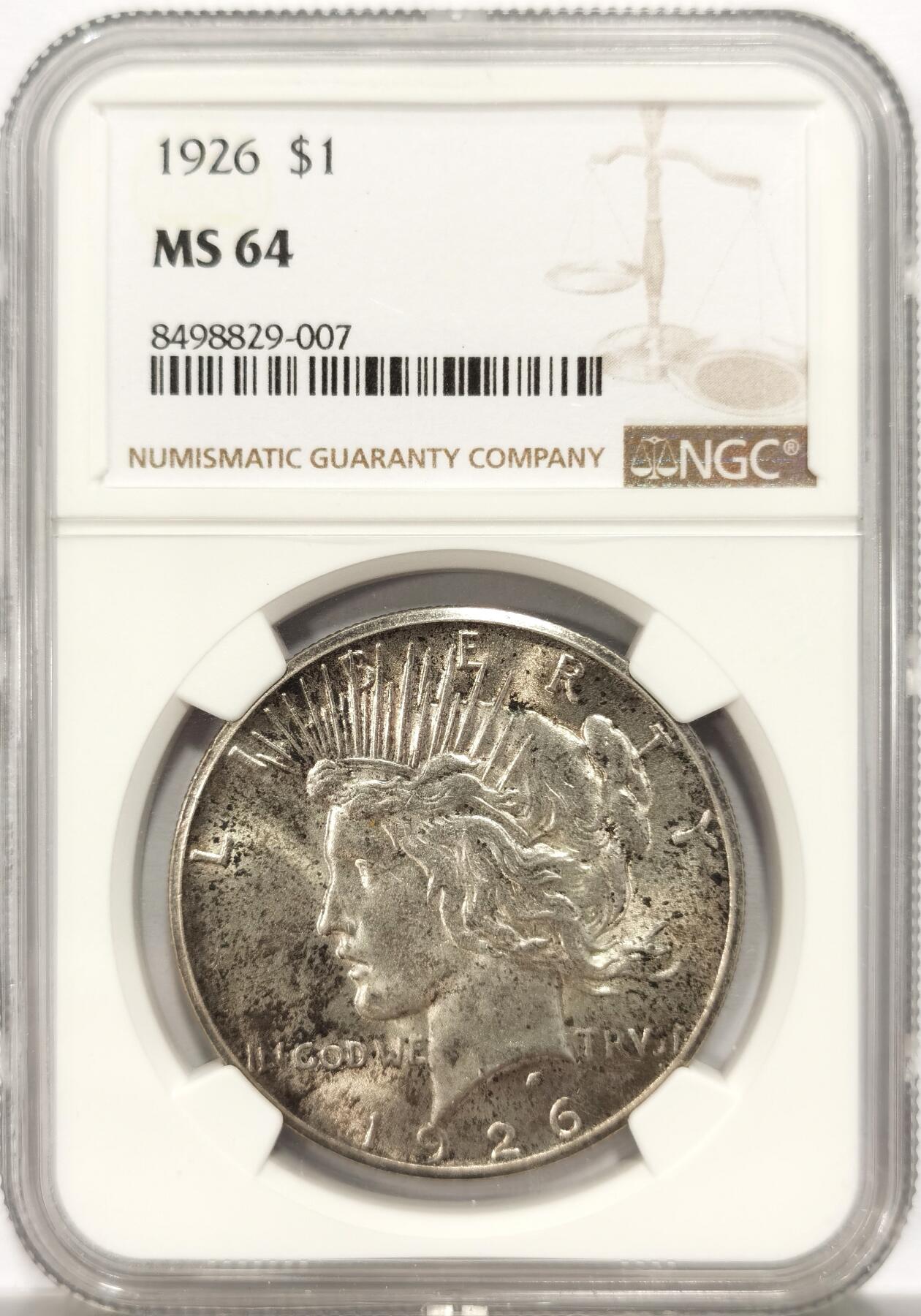 博洋堂世界钱币拍卖第134期（全场包邮） NGC MS64 美国1926年和平银币，小特年，高分国内少见，SBP4月份成交价264美元。