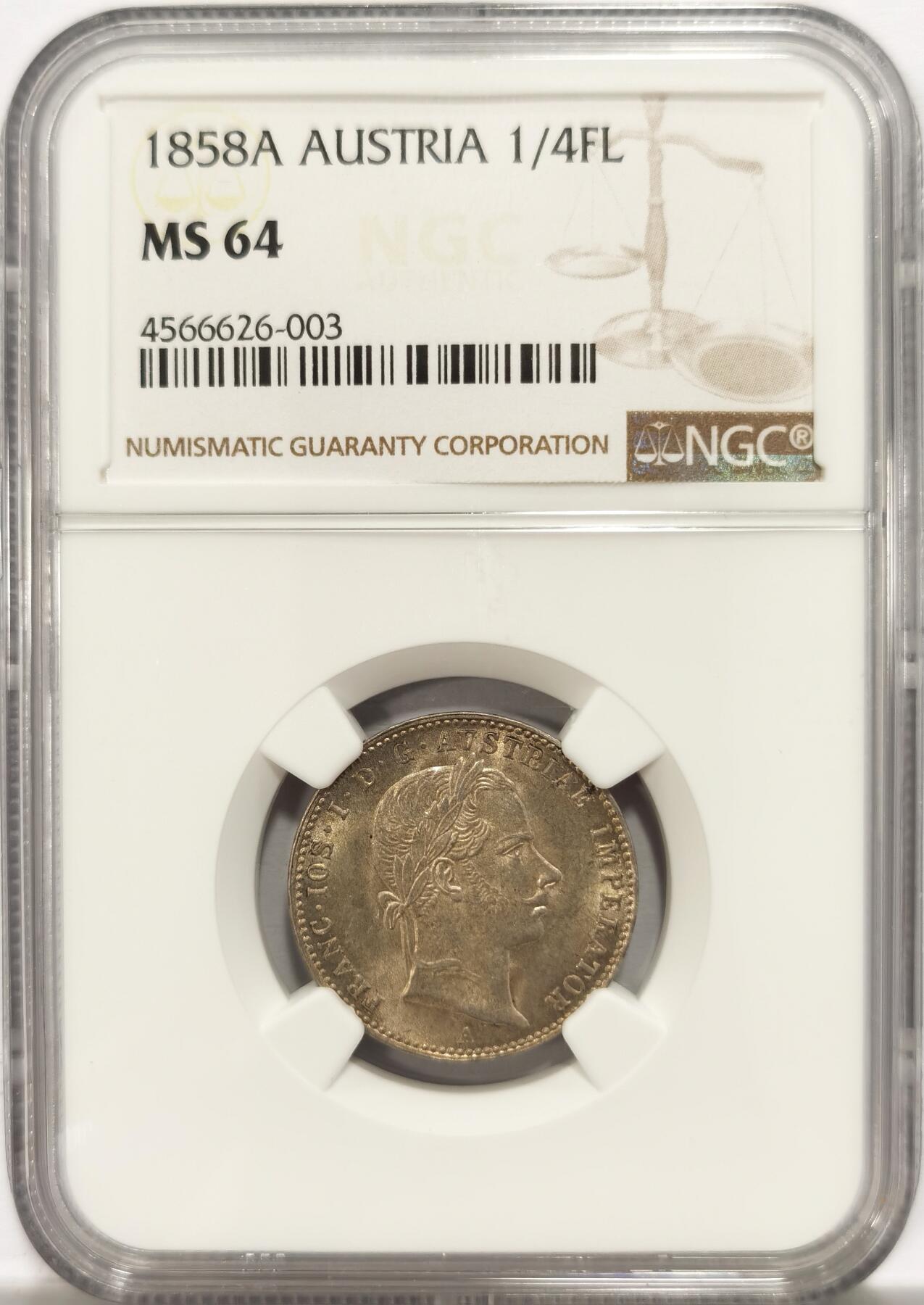 博洋堂世界钱币拍卖第134期（全场包邮） NGC MS64 奥地利1858年A版1/4FL银币