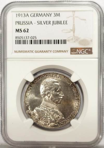 博洋堂世界钱币拍卖第134期（全场包邮） - NGC MS62 德国普鲁士1913年威廉二世花枝3马克银币