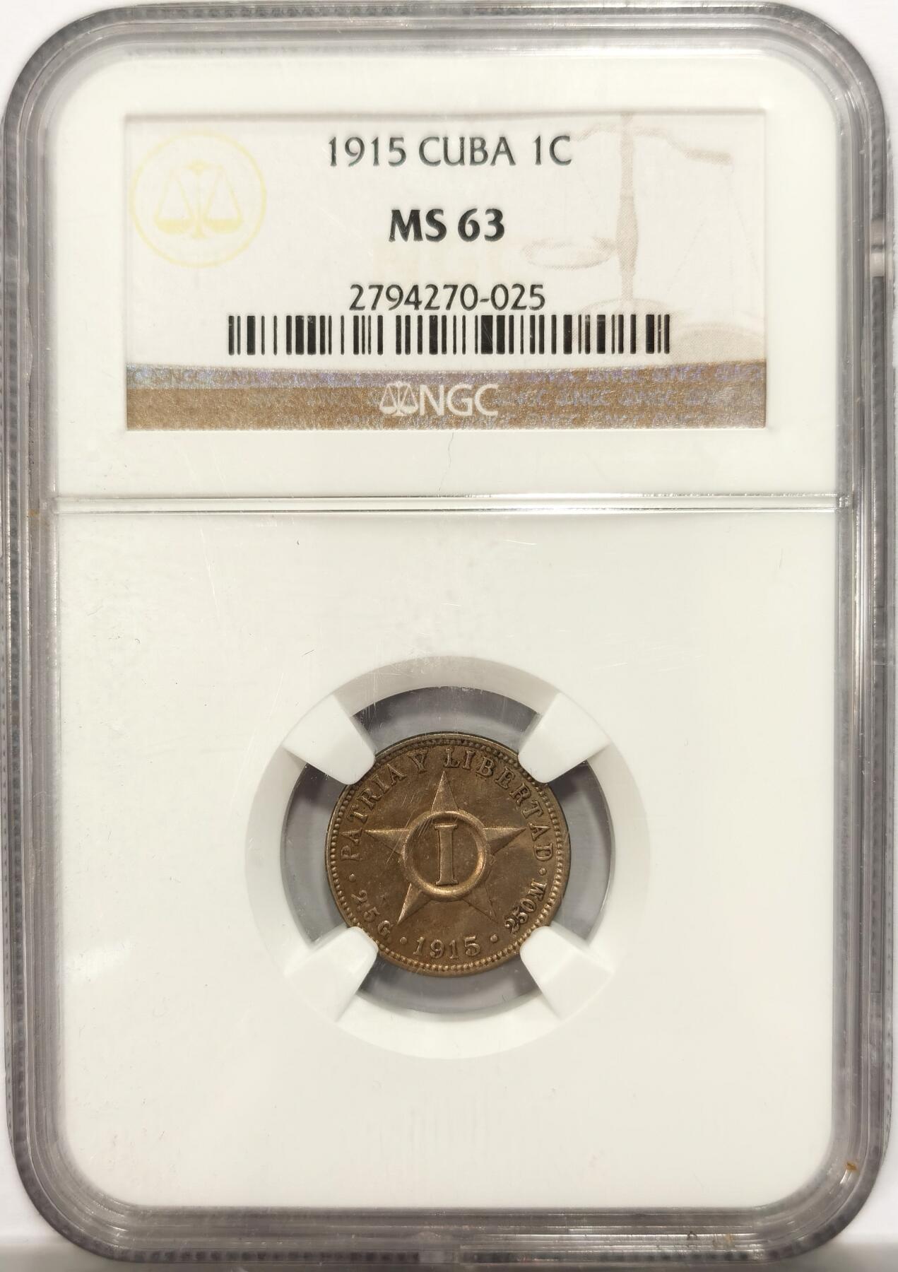 博洋堂世界钱币拍卖第134期（全场包邮） NGC MS63 古巴1915年1分