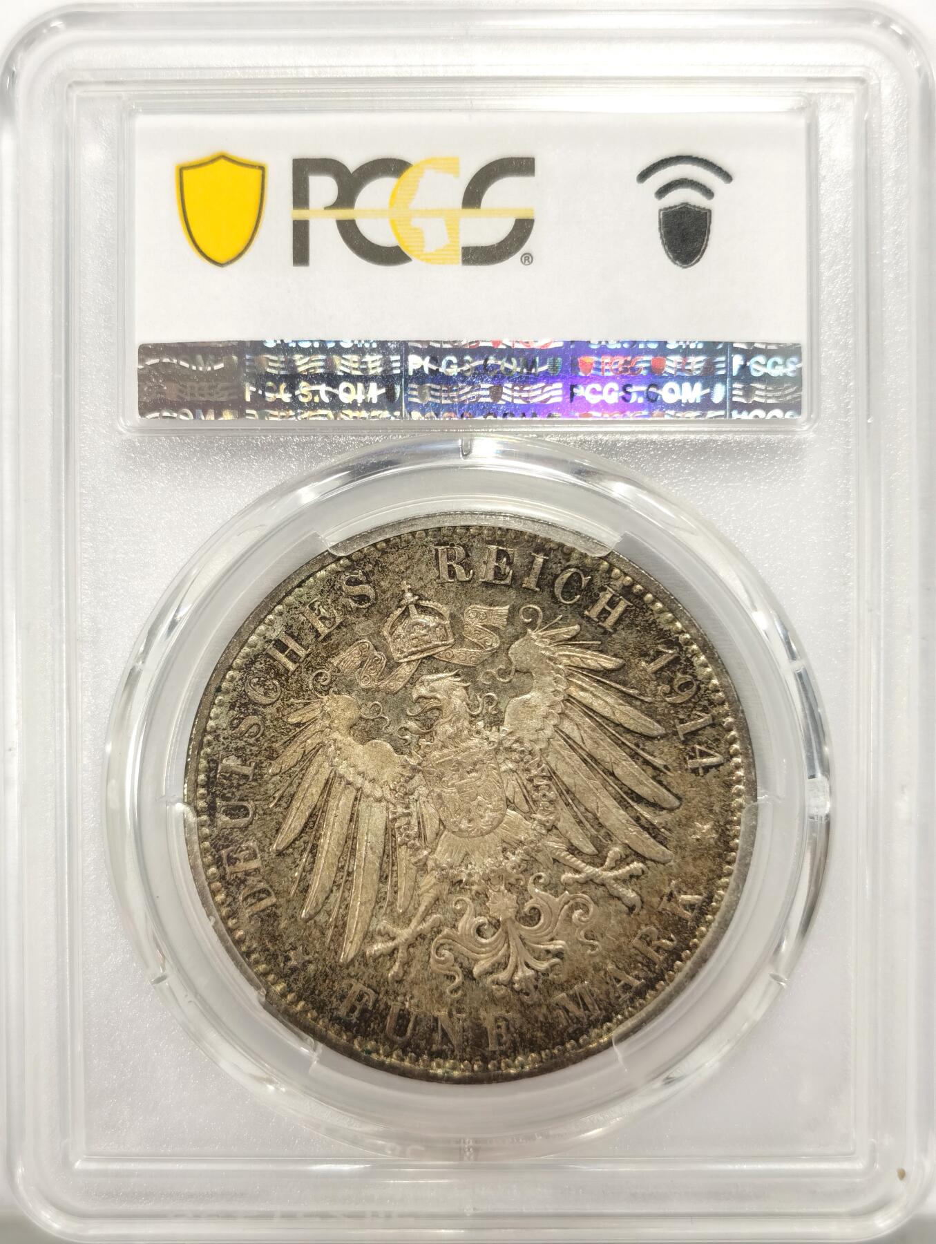 博洋堂世界钱币拍卖第134期（全场包邮） PCGS MS63 德国巴伐利亚1914年路德维希三世流通5马克银币，环彩，状态极好，低评！