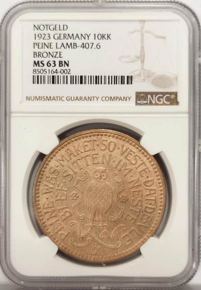 博洋堂世界钱币拍卖第134期（全场包邮） - NGC MS63 1923年德国紧急状态时期派內猫头鹰铜币，面值1000kp