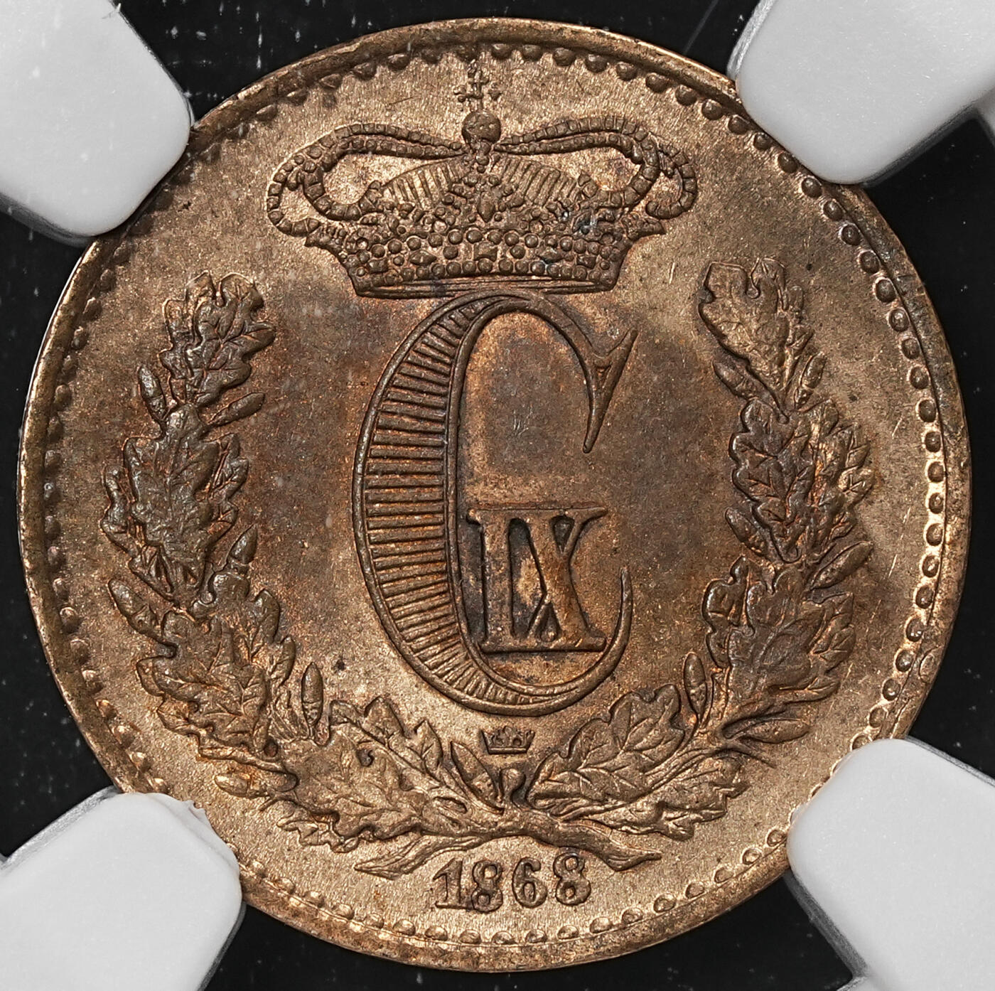 修遠堂世界钱币第八十期 NGC MS62BN 1868年丹麦1/2 SKILLING RIGSMONT铜币