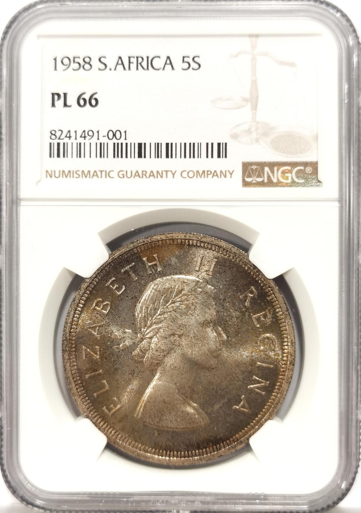 博洋堂世界钱币拍卖第134期（全场包邮） NGC PL66 英属南非1958年伊丽莎白二世5先令跳羚银币 包浆均匀 高分好品 特年 发行量仅1500枚