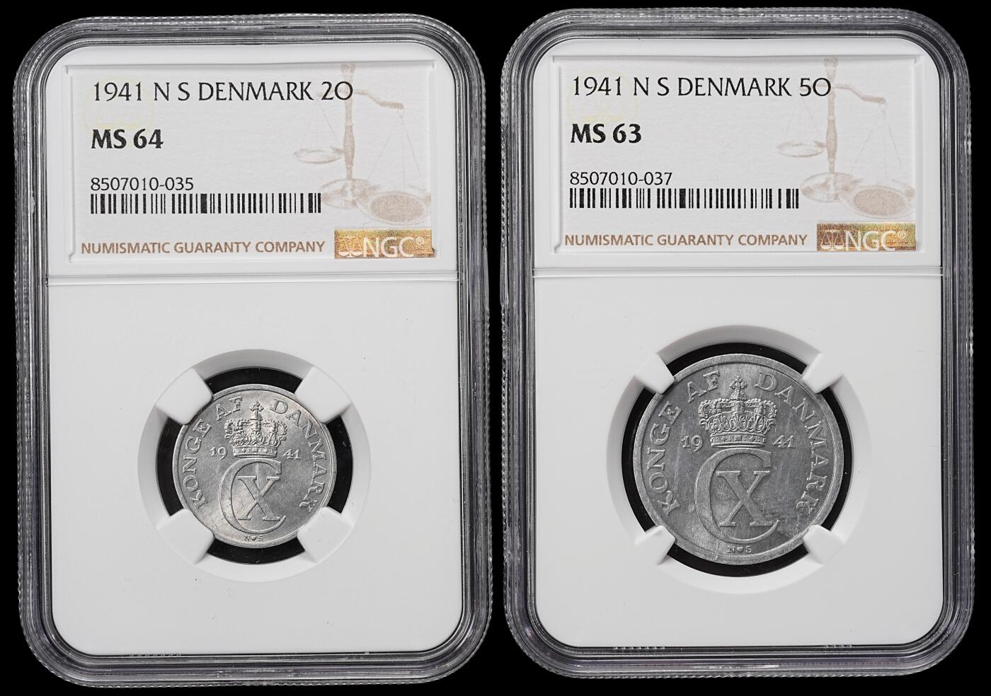 修遠堂世界钱币第八十期 NGC评级 1941年德占丹麦2，5欧尔铝币