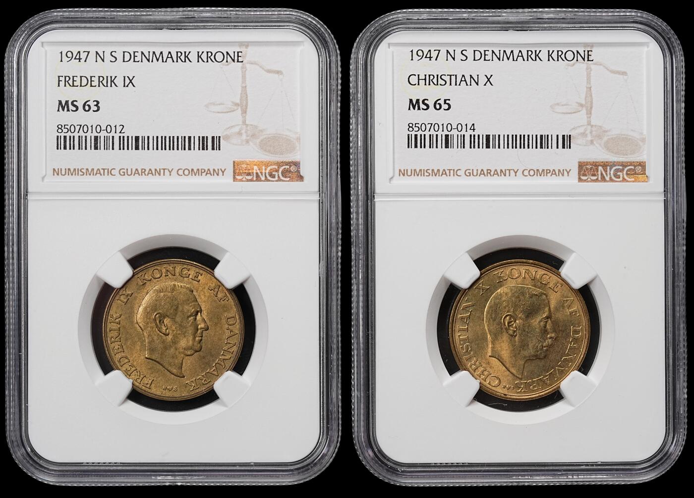 修遠堂世界钱币第八十期 NGC评级 1947年丹麦克朗两枚 国王更迭