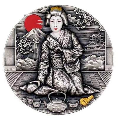 第169期拍卖【长期征集拍品】 -  【龙头币】纽埃2019, 日本优雅艺妓系列(1)-“茶艺”艺妓, 2盎司超高浮雕、仿古镀金彩色银币. 盒证全. 热门龙头币(系列第一枚,此系列第二枚为“芸者”). (国外售价420+美元)