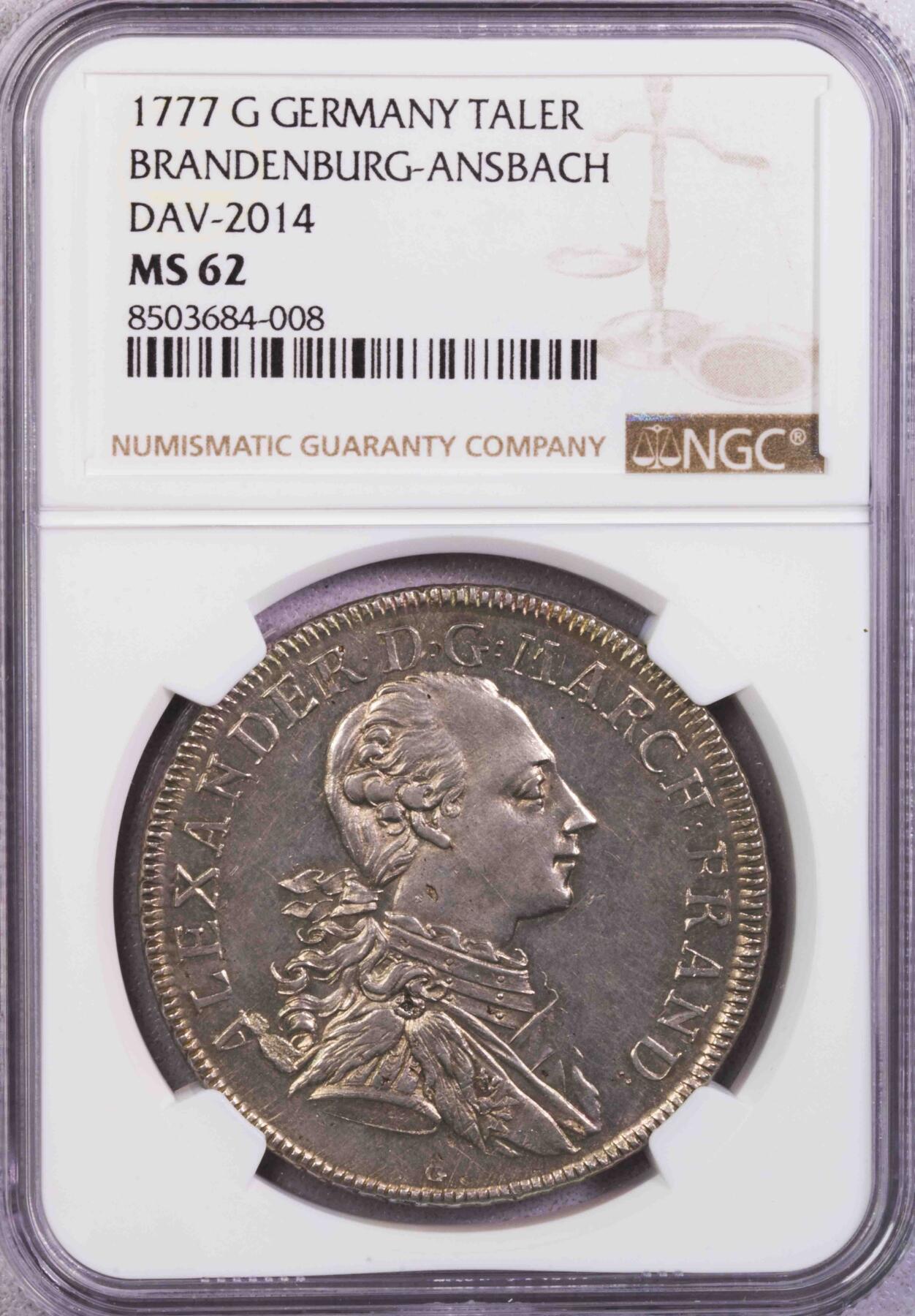 NGC-MS62 1777德国勃兰登堡-安斯巴赫侯爵泰勒银币 