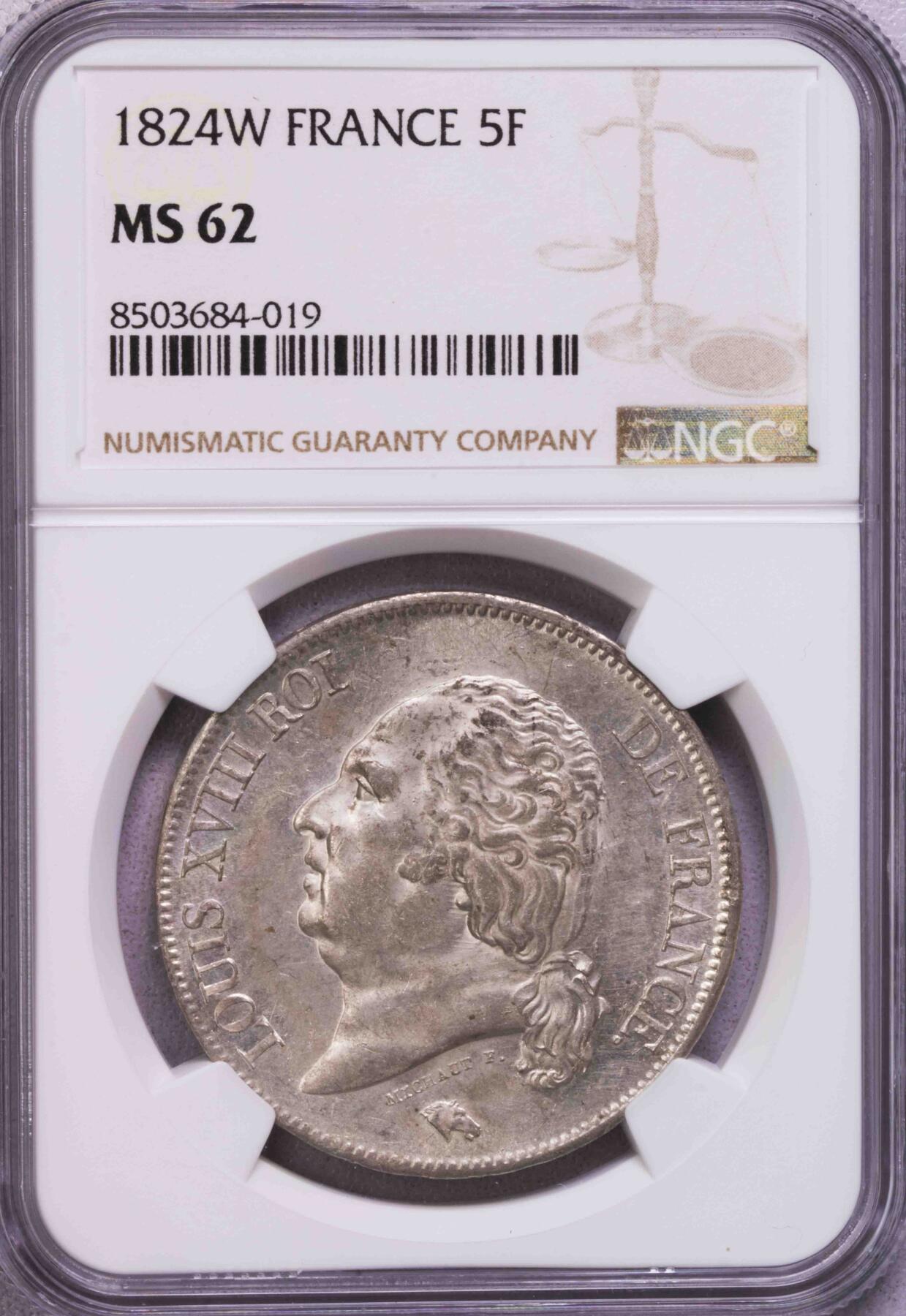 NGC-MS62 1824法国路易十八5法郎大银币 BU粉光