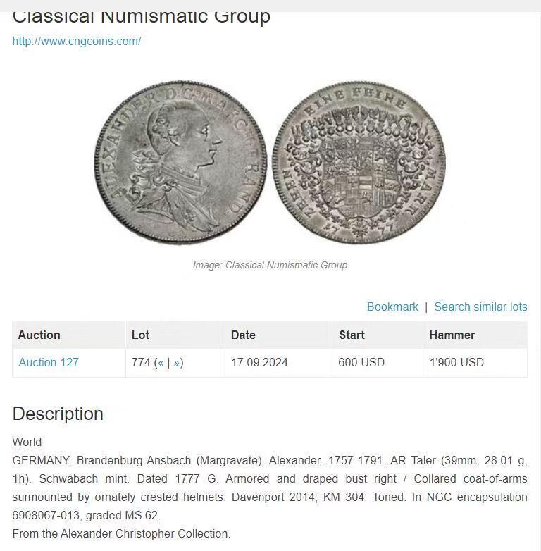NGC-MS62 1777德国勃兰登堡-安斯巴赫侯爵泰勒银币 