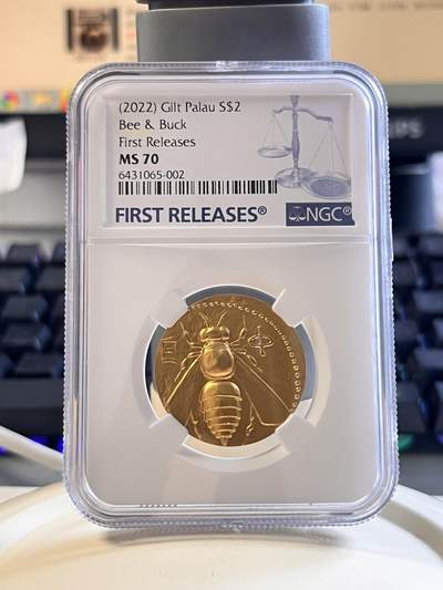 第169期拍卖【长期征集拍品】 - 帕劳2022年蜜蜂与雄鹿镀金纪念银币NGC-MS70首原盒证书，15克，999银，发行500枚