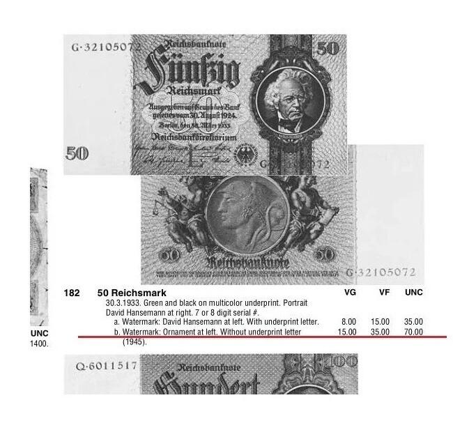 德国第三帝国1933年银行家50马克 无字母花纹水印版 极美品