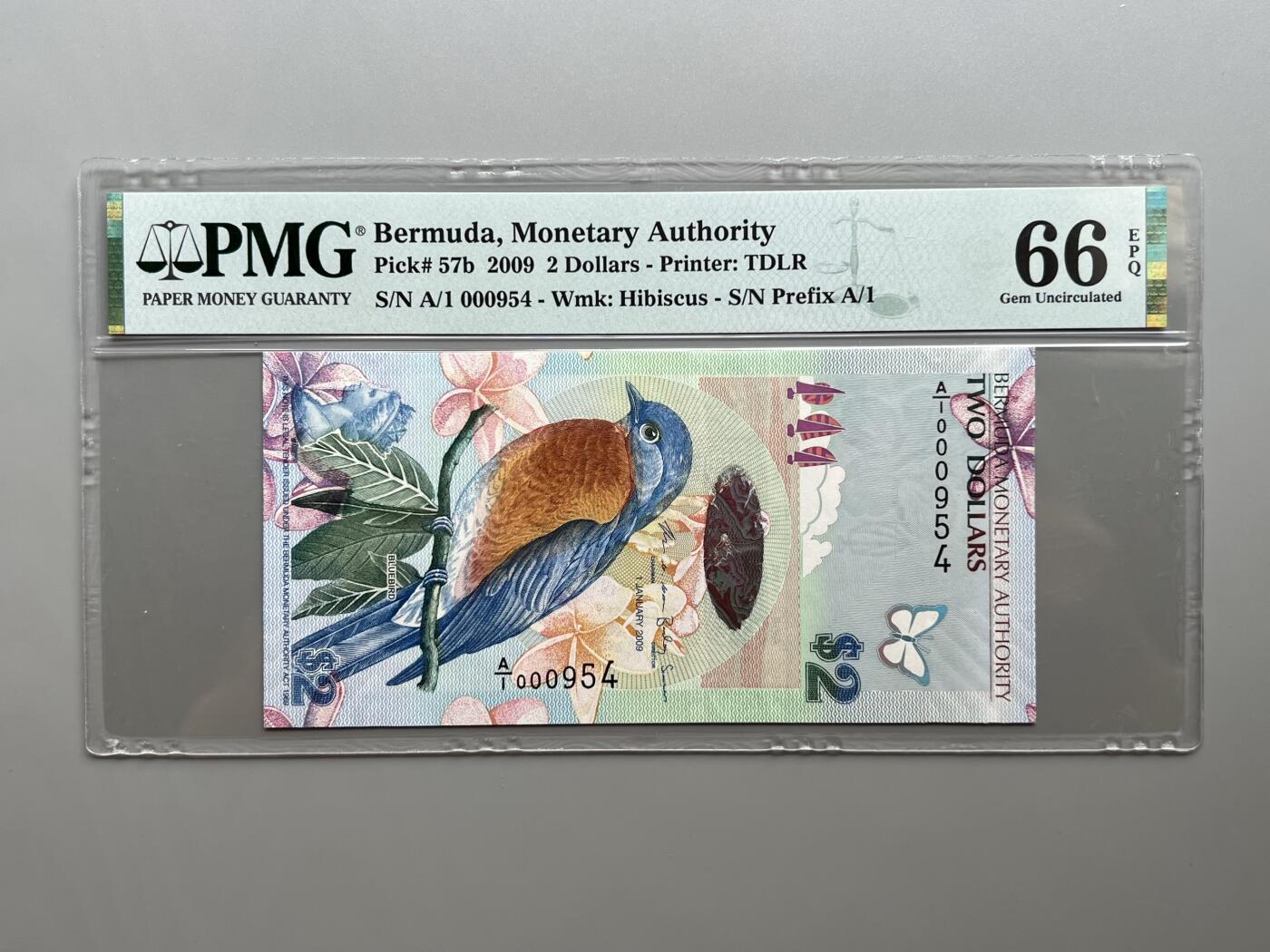 PMG 66EPQ百慕大2009年鸟版2元纸币