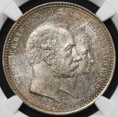 修遠堂世界钱币第八十期 - NGC MS64 1892年丹麦国王金婚纪念2克朗银币 五彩