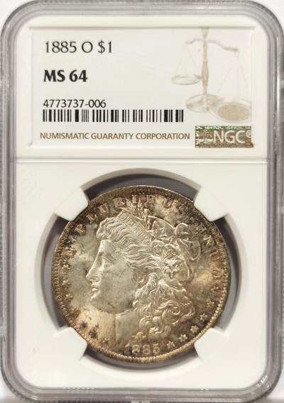 博洋堂世界钱币拍卖第134期（全场包邮） - NGC MS64 美国1885年O版摩根$1银币 双面环彩美品