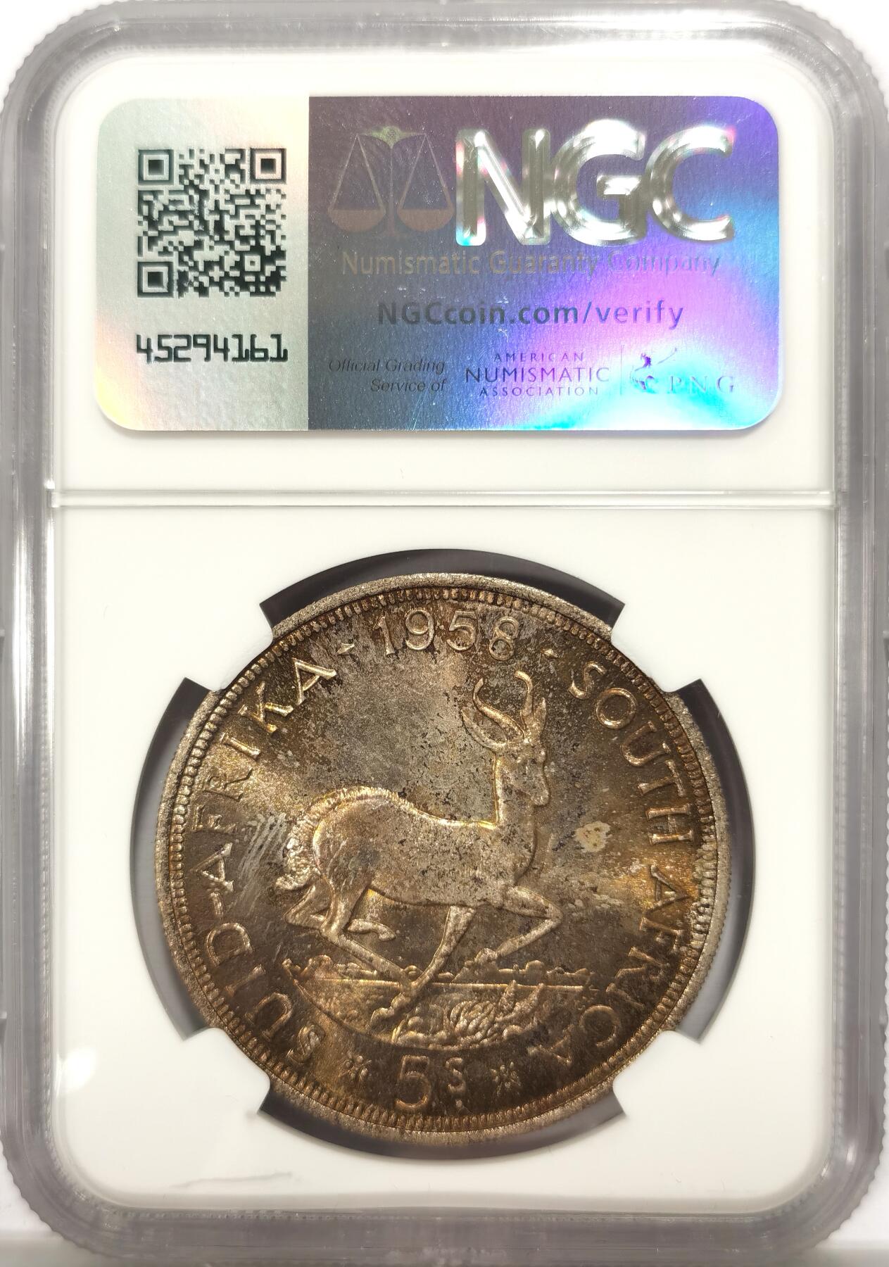 博洋堂世界钱币拍卖第134期（全场包邮） NGC PL66 英属南非1958年伊丽莎白二世5先令跳羚银币 包浆均匀 高分好品 特年 发行量仅1500枚