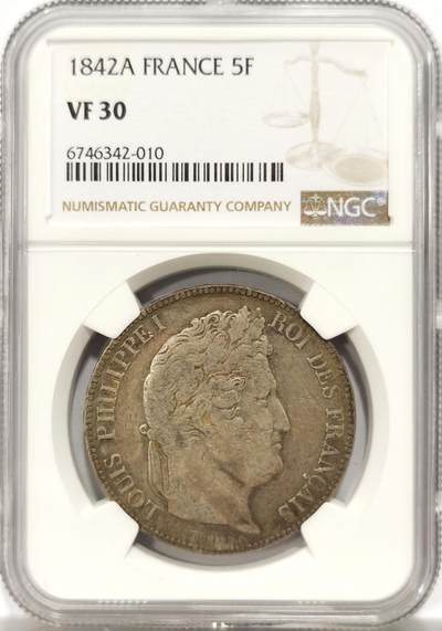 博洋堂世界钱币拍卖第134期（全场包邮） - NGC VF30 法国1842年A版菲利普5法郎银币