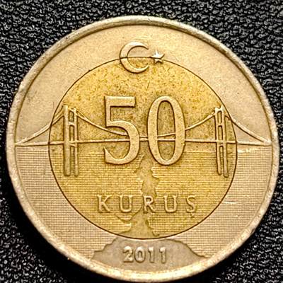 泉币菌-第73场-各国散币场 - 土耳其50库鲁 双色币 大桥 23.9mm