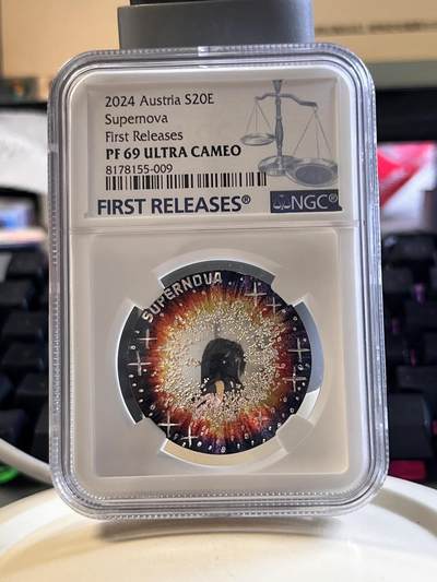 第169期拍卖【长期征集拍品】 - 奥地利2024年宇宙之美超新星凹凸面银币NGC-PF69首原盒证书，925银，22.42克，发行30000枚。