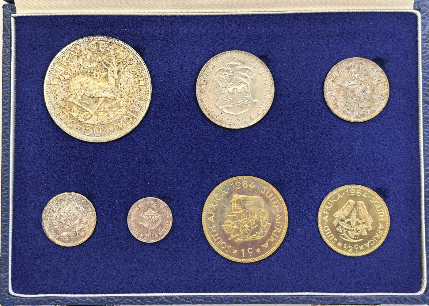 博洋堂世界钱币拍卖第134期（全场包邮） 南非1964年proof set 50分-1/2分 5银2黄铜 绒布淡彩 品相极佳