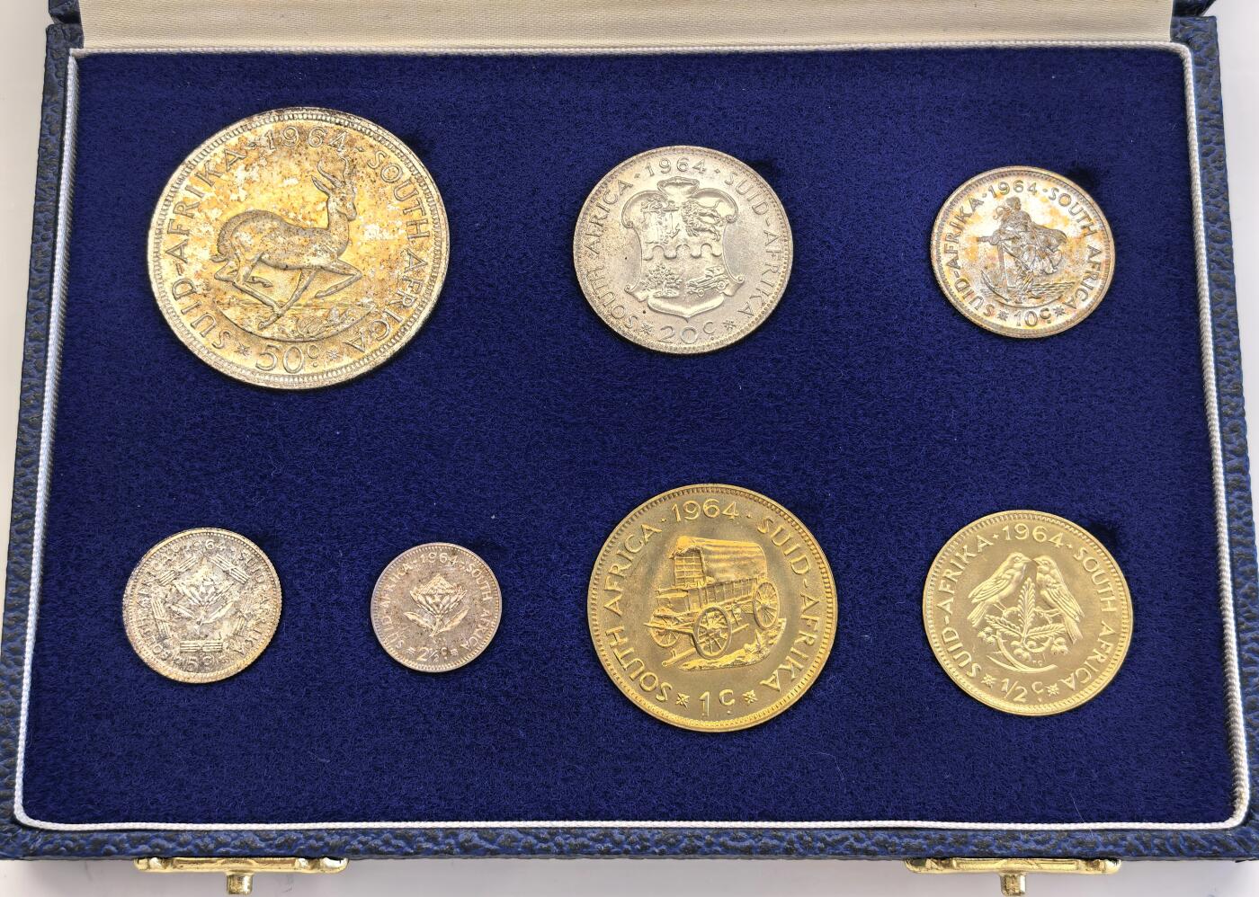 博洋堂世界钱币拍卖第134期（全场包邮） 南非1964年proof set 50分-1/2分 5银2黄铜 绒布淡彩 品相极佳