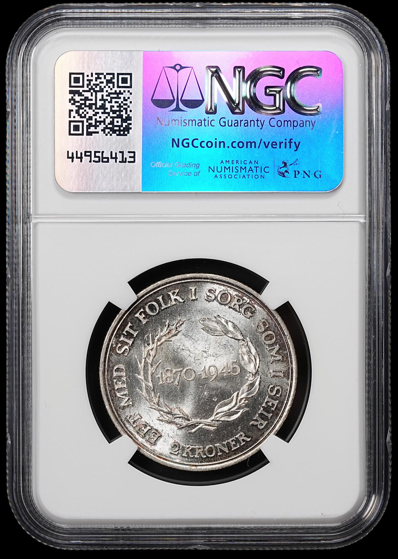 修遠堂世界钱币第八十期 NGC MS63 1945年丹麦国王75岁大寿纪念2克朗银币